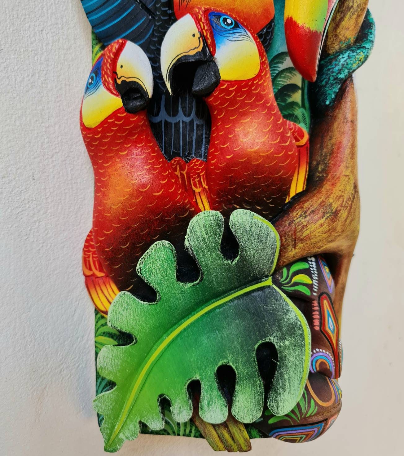 Jungle and life, unique design, red parrots, orchids, butterfly, hummingbirds, wood carved and painted, indigenous art from Costa Rica,