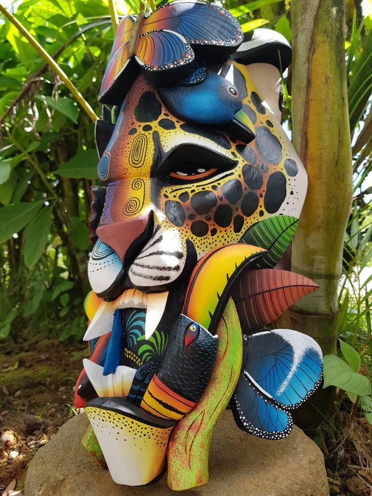 Jaguar and Warrior mask, frog, toucans, Costa Ricans birds, authentic Boruca mask, wooden mask, tribal art from Costa Rica, available mask