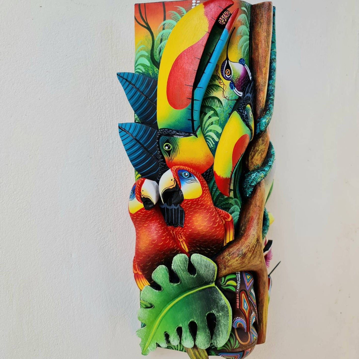 Jungle and life, unique design, red parrots, orchids, butterfly, hummingbirds, wood carved and painted, indigenous art from Costa Rica,