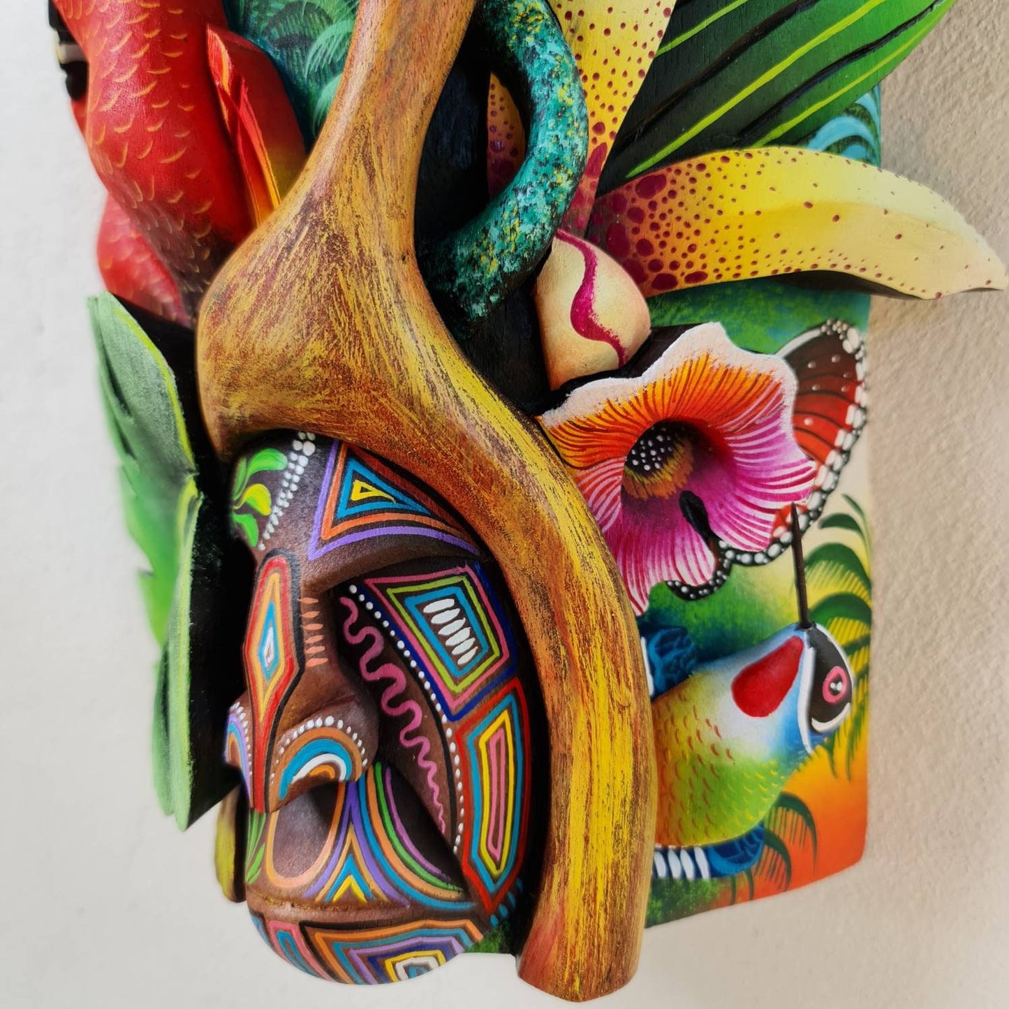 Jungle and life, unique design, red parrots, orchids, butterfly, hummingbirds, wood carved and painted, indigenous art from Costa Rica,