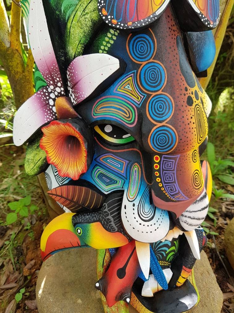 Jaguar and Warrior mask, frog, toucans, Costa Ricans birds, authentic Boruca mask, wooden mask, tribal art from Costa Rica, available mask