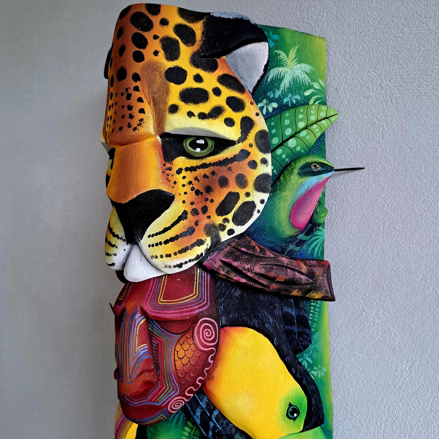 Authentic Boruca mask, birds, orchid, jaguar, wooden mask, tribal art Costa Rica, available mask