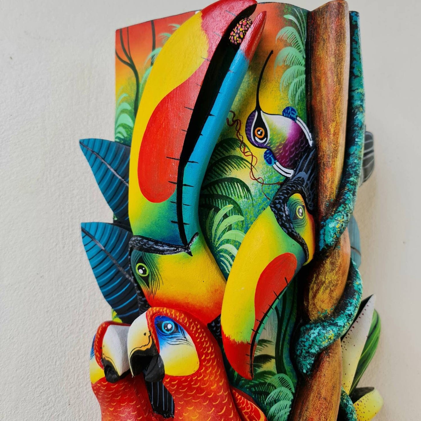 Jungle and life, unique design, red parrots, orchids, butterfly, hummingbirds, wood carved and painted, indigenous art from Costa Rica,