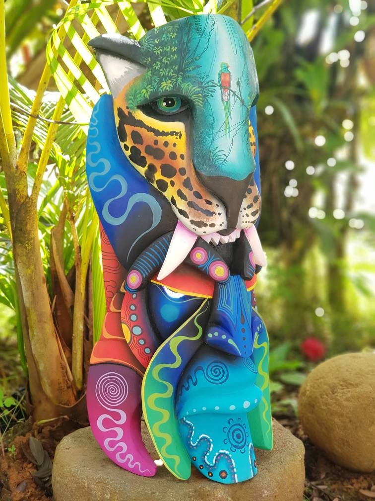 The Jaguar and the warrior, quetzal from Monteverde, Boruca mask, new design, jaguar mask, Boruca Warrior