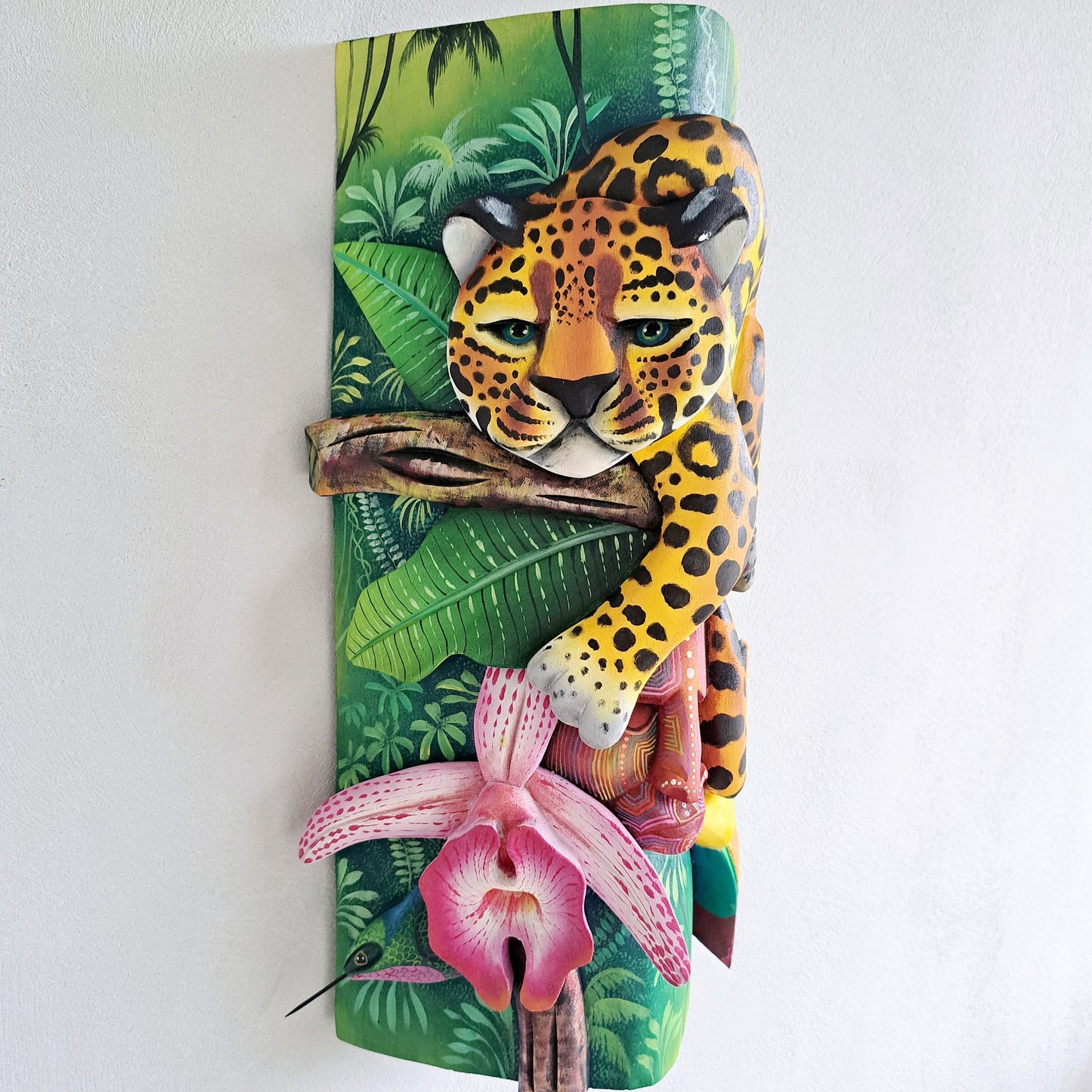 Authentic Boruca mask, birds, orchid, jaguar, wooden mask, tribal art Costa Rica, available mask