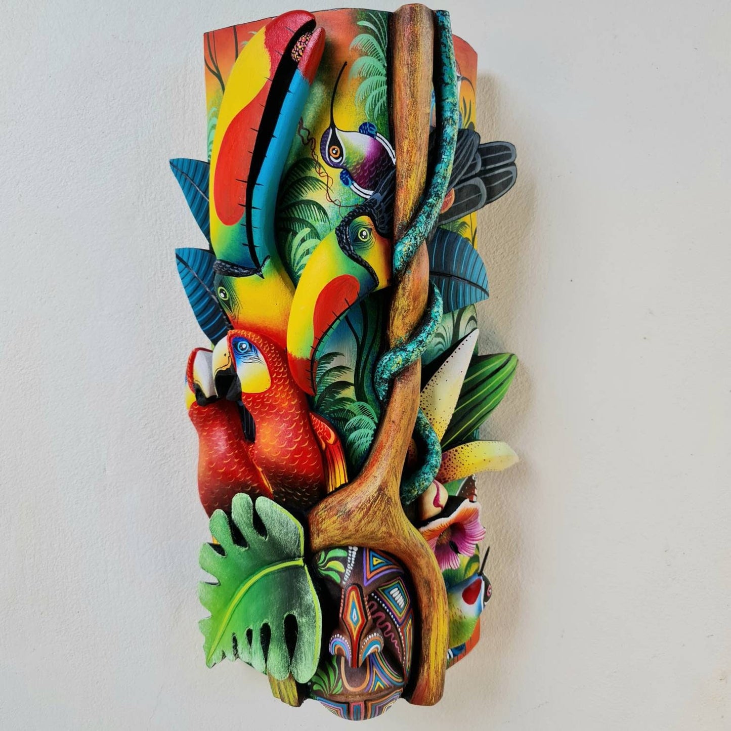 Jungle and life, unique design, red parrots, orchids, butterfly, hummingbirds, wood carved and painted, indigenous art from Costa Rica,