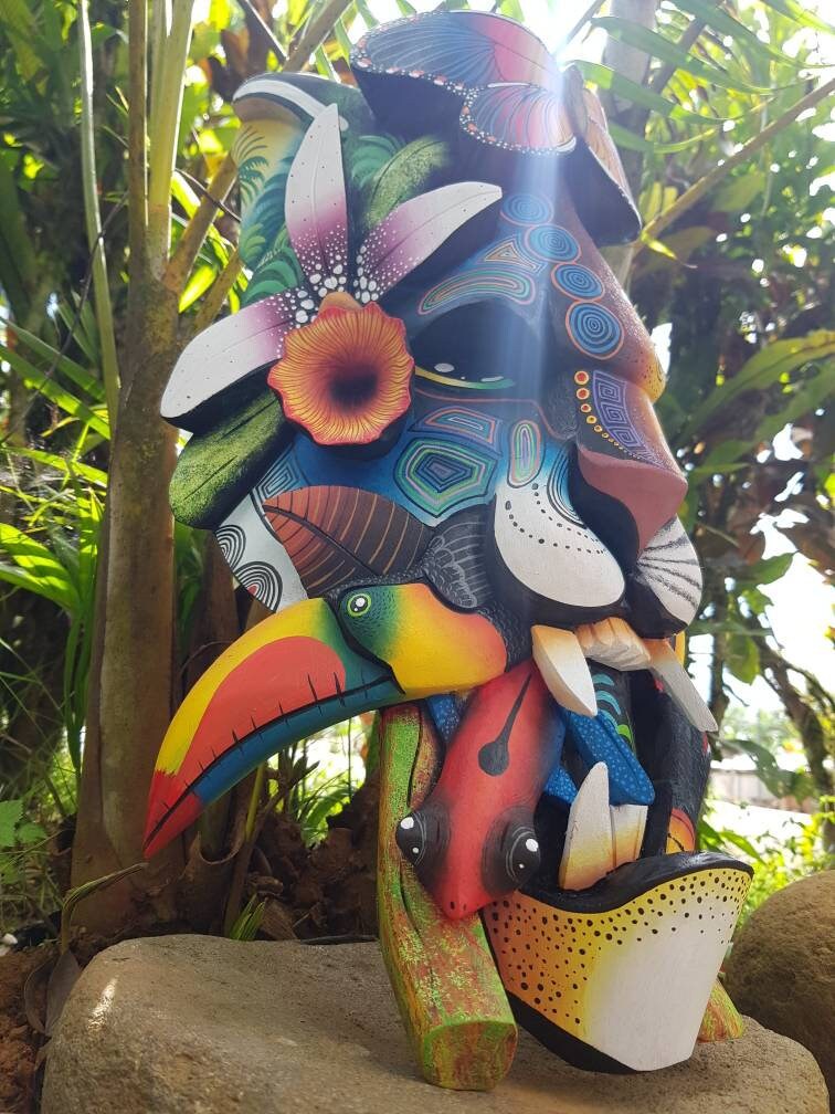 Jaguar and Warrior mask, frog, toucans, Costa Ricans birds, authentic Boruca mask, wooden mask, tribal art from Costa Rica, available mask