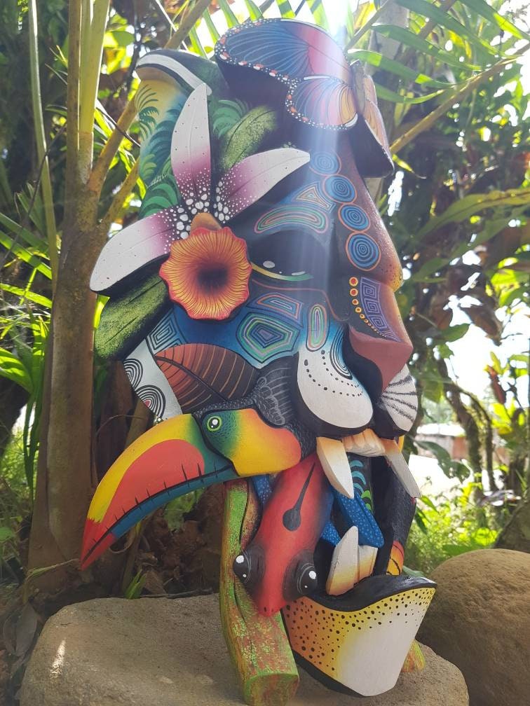 Jaguar and Warrior mask, frog, toucans, Costa Ricans birds, authentic Boruca mask, wooden mask, tribal art from Costa Rica, available mask