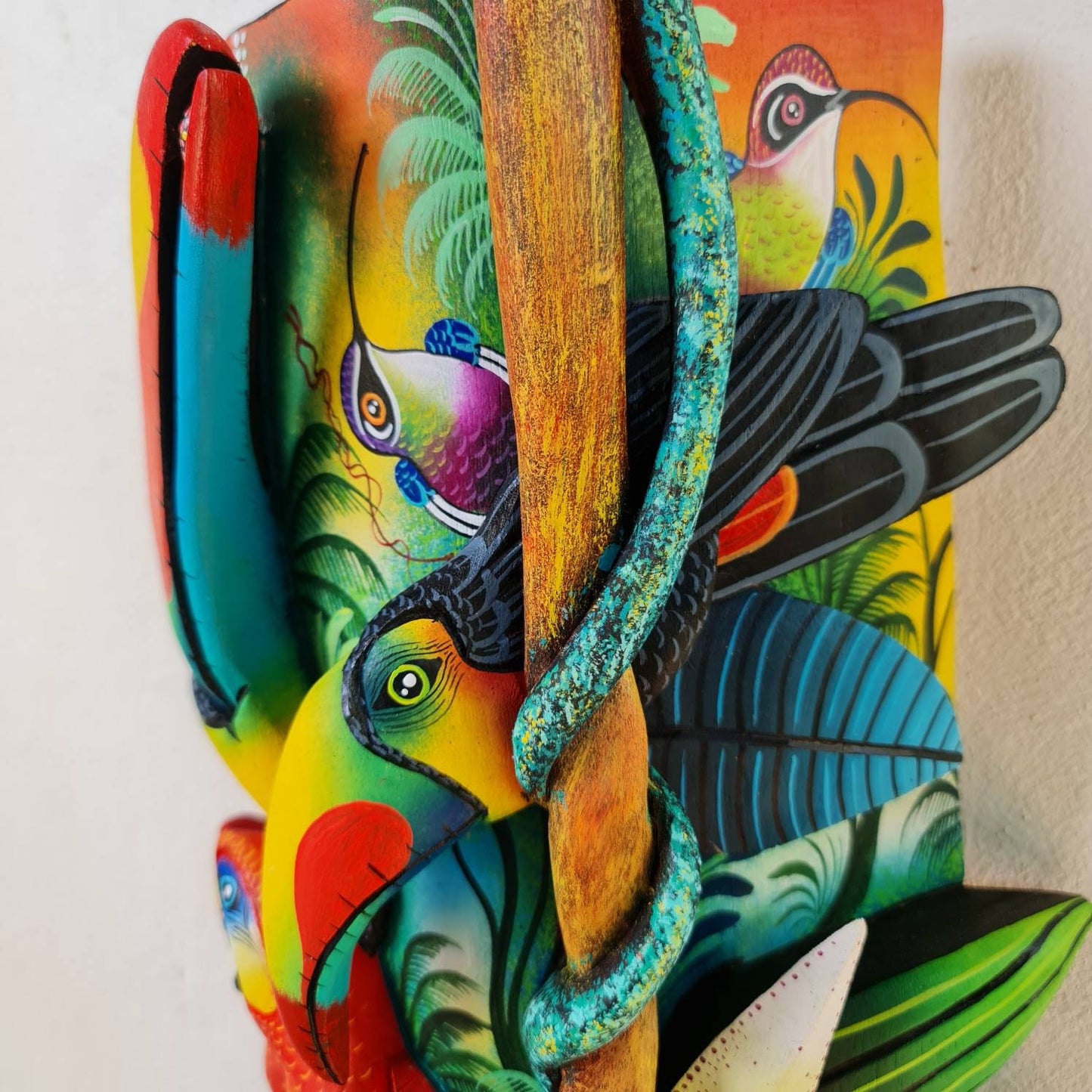 Jungle and life, unique design, red parrots, orchids, butterfly, hummingbirds, wood carved and painted, indigenous art from Costa Rica,