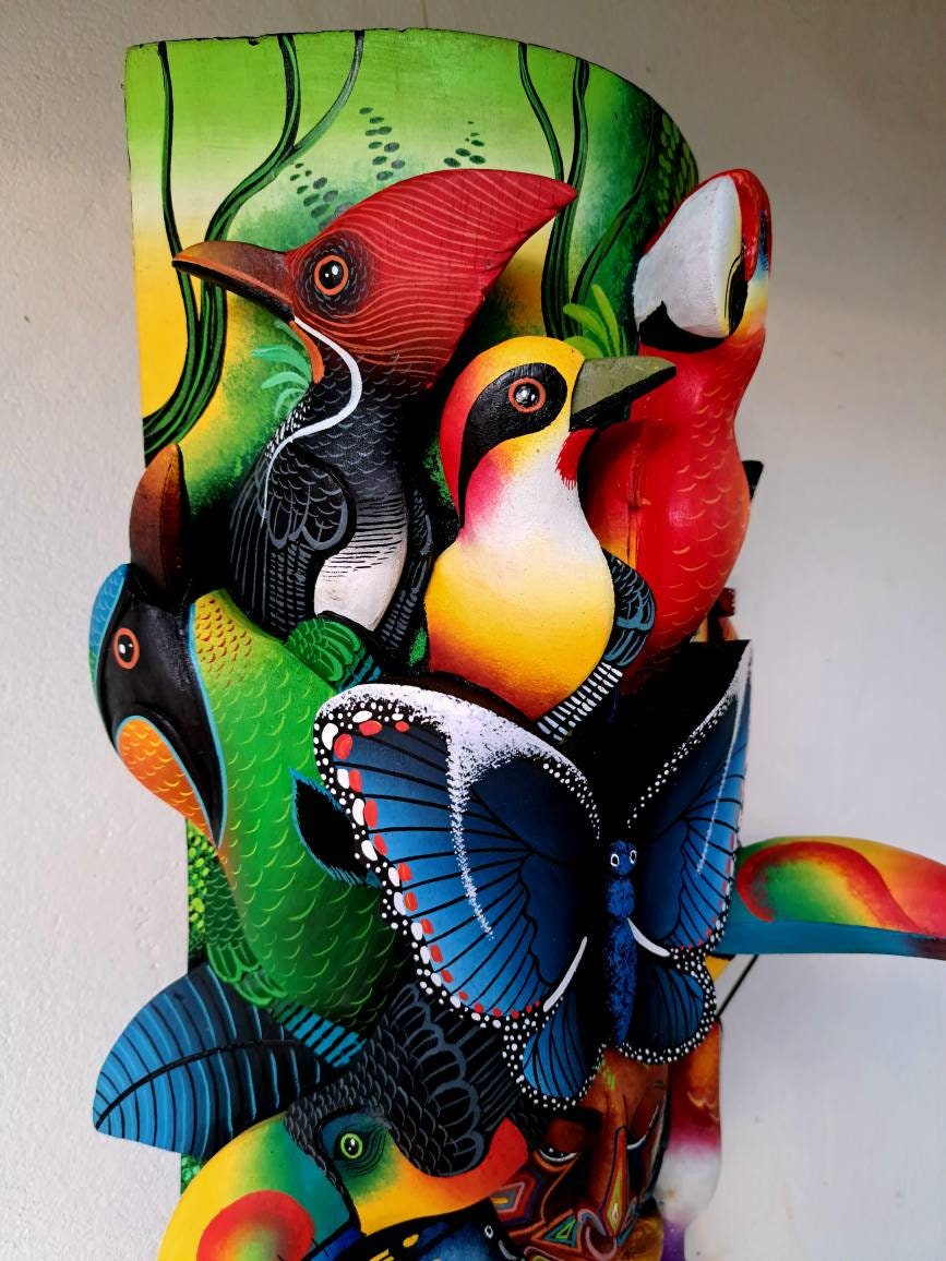 Owl & Jaguar, wildlife from jungle, red parrot, toucan, unique design, handmade, indigenous art from Costa Rica,