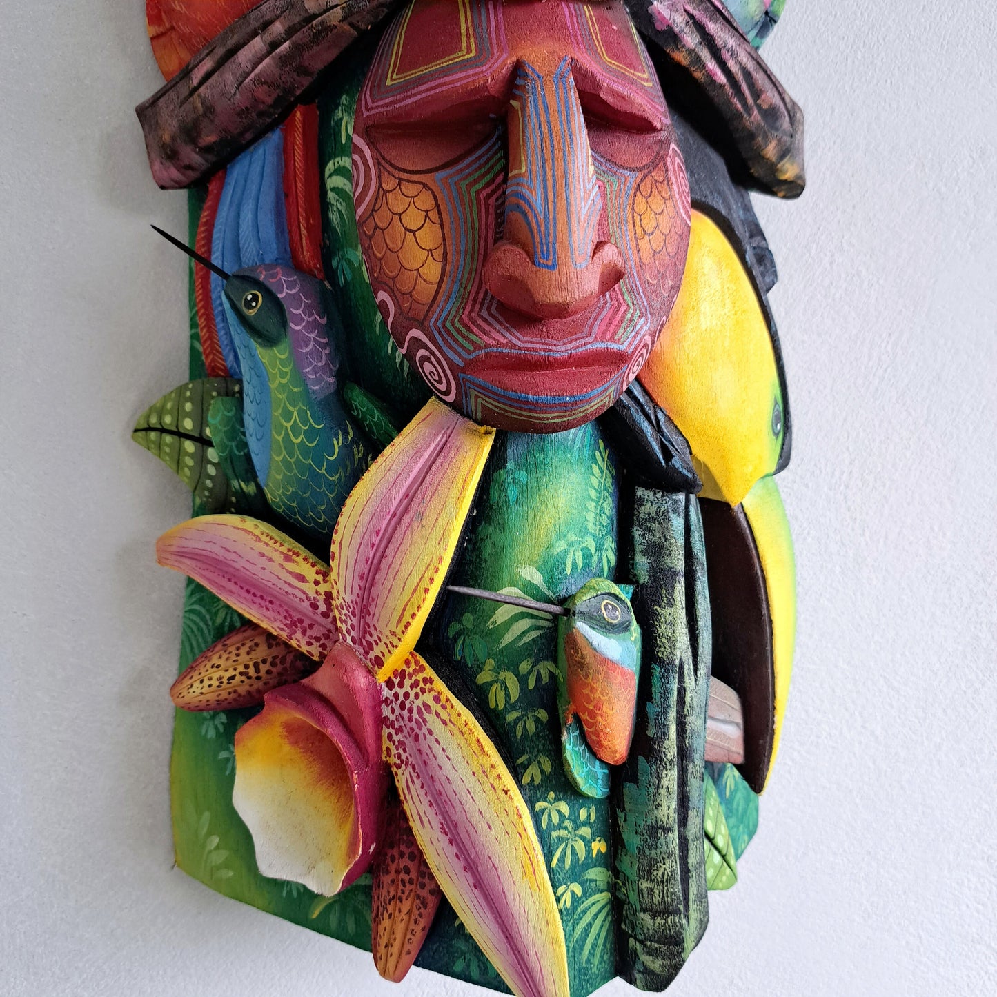 Authentic Boruca mask, birds, orchid, jaguar, wooden mask, tribal art Costa Rica, available mask