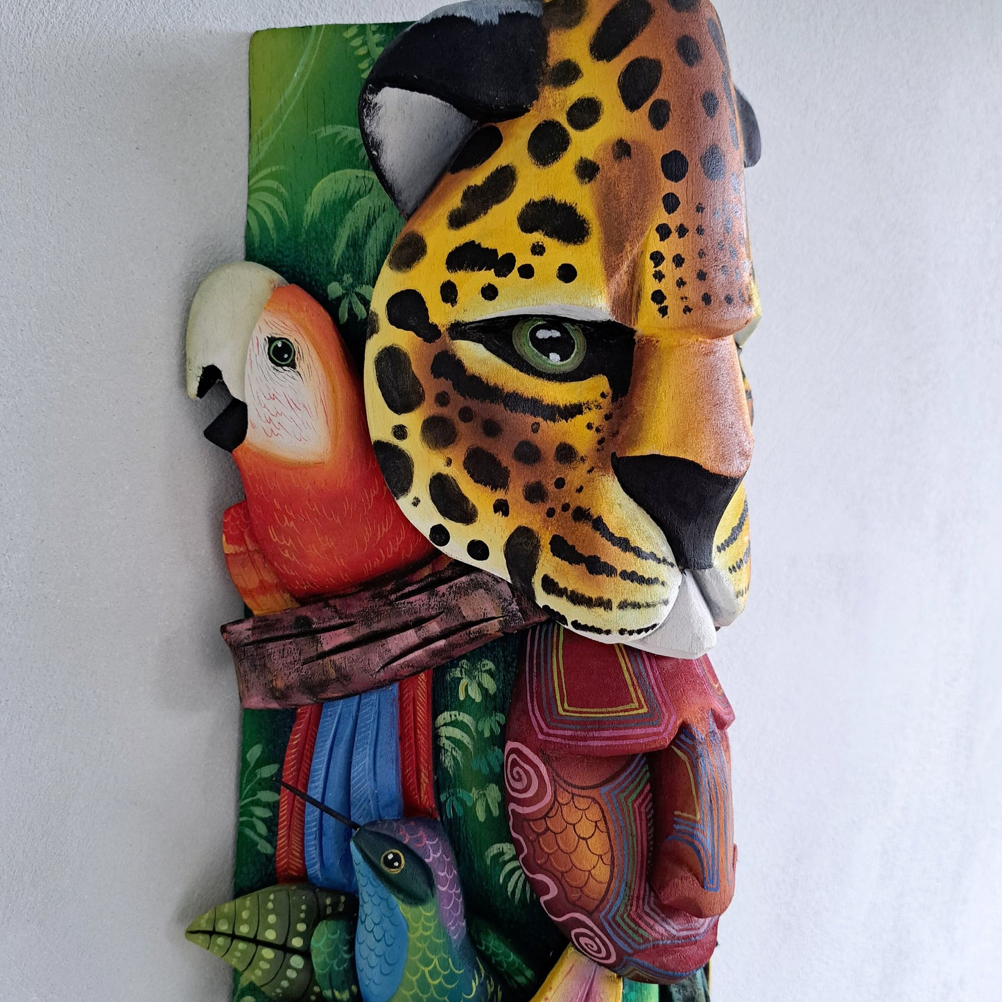 Authentic Boruca mask, birds, orchid, jaguar, wooden mask, tribal art Costa Rica, available mask