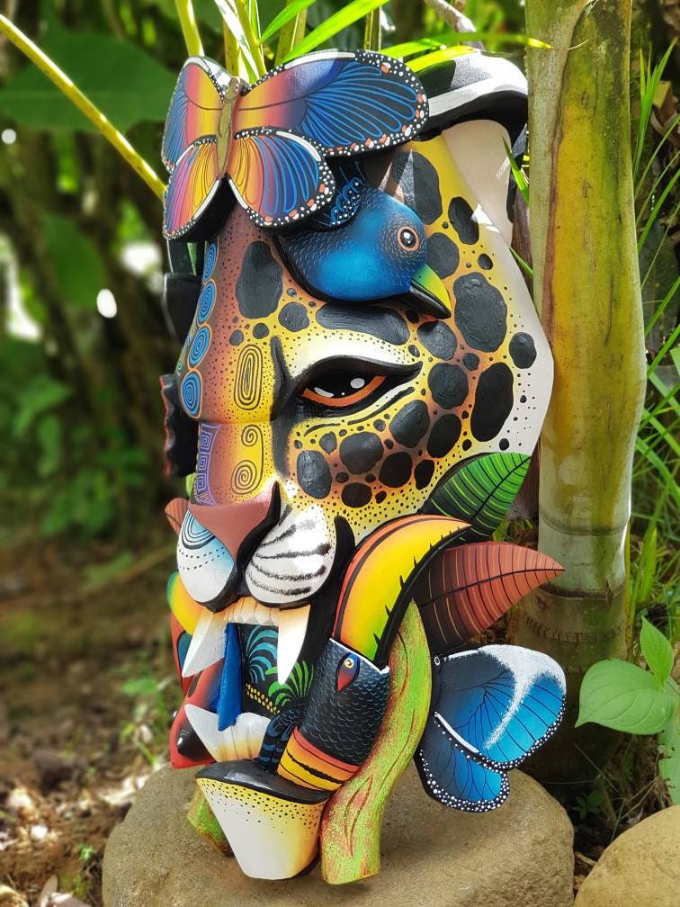 Jaguar and Warrior mask, frog, toucans, Costa Ricans birds, authentic Boruca mask, wooden mask, tribal art from Costa Rica, available mask