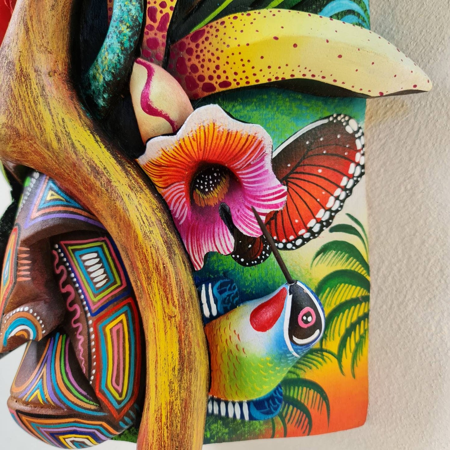 Jungle and life, unique design, red parrots, orchids, butterfly, hummingbirds, wood carved and painted, indigenous art from Costa Rica,