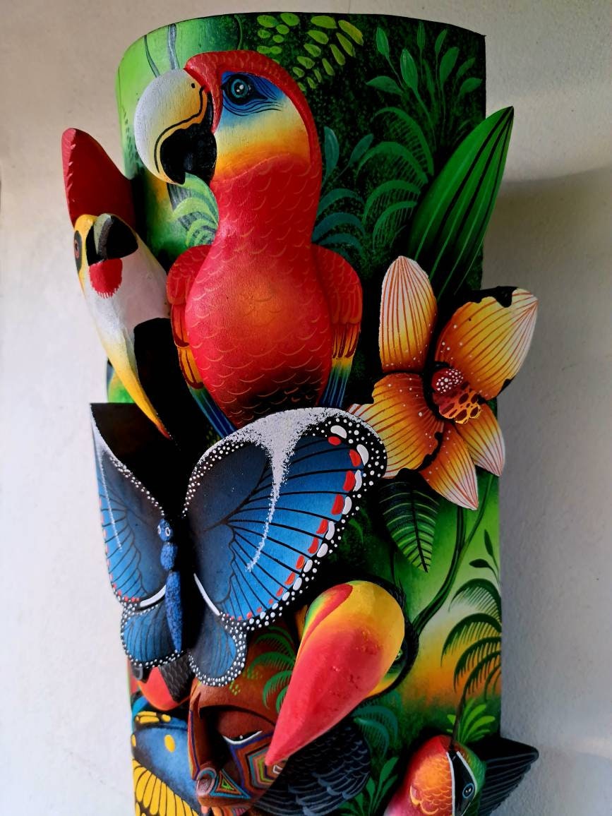 Owl & Jaguar, wildlife from jungle, red parrot, toucan, unique design, handmade, indigenous art from Costa Rica,
