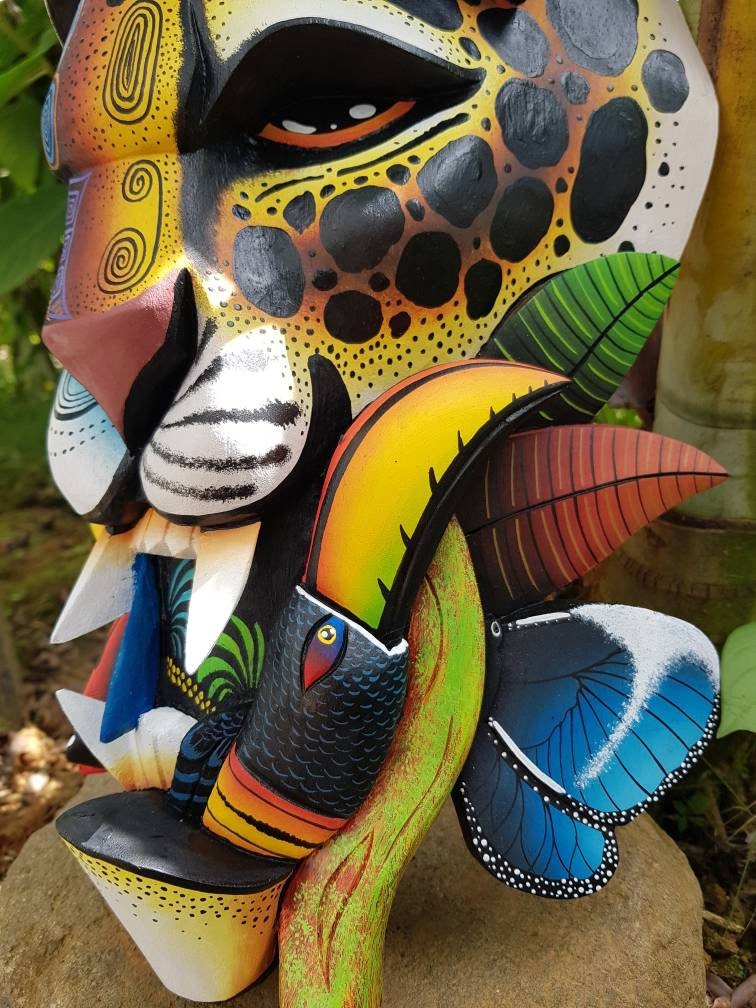 Jaguar and Warrior mask, frog, toucans, Costa Ricans birds, authentic Boruca mask, wooden mask, tribal art from Costa Rica, available mask