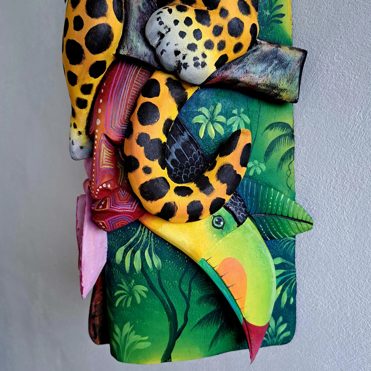 Authentic Boruca mask, birds, orchid, jaguar, wooden mask, tribal art Costa Rica, available mask