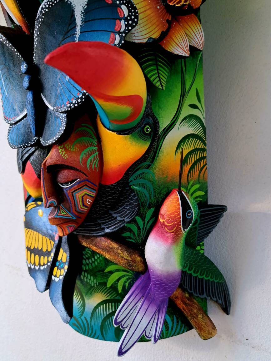 Owl & Jaguar, wildlife from jungle, red parrot, toucan, unique design, handmade, indigenous art from Costa Rica,