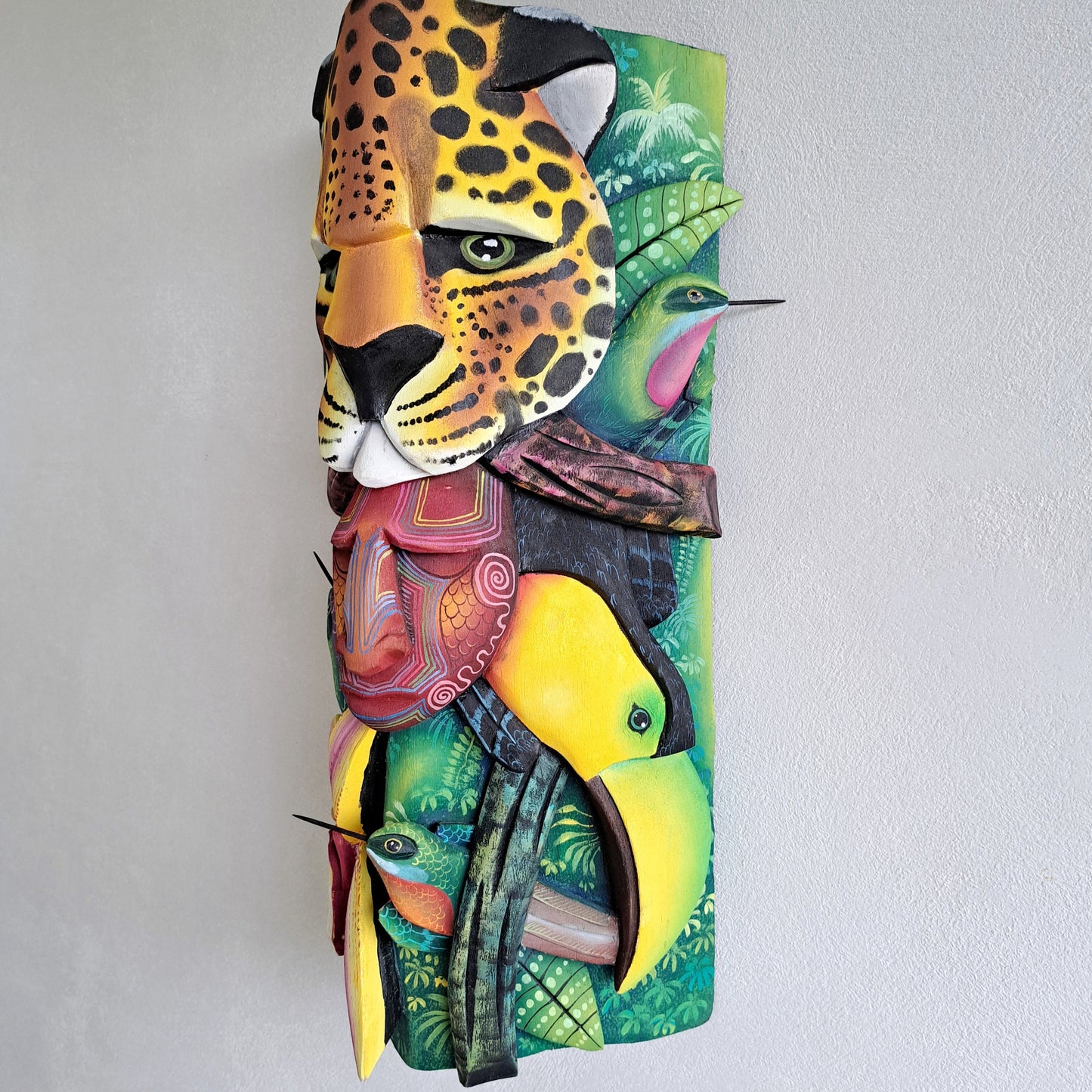 Authentic Boruca mask, birds, orchid, jaguar, wooden mask, tribal art Costa Rica, available mask