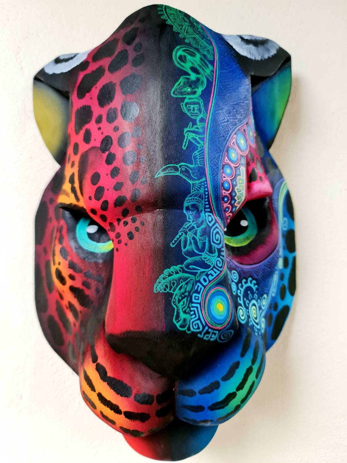 Jaguar head from Costa Rica, art from Boruca, Wooden mask handcrafted, Tribal Jaguar by Víctor Hernández