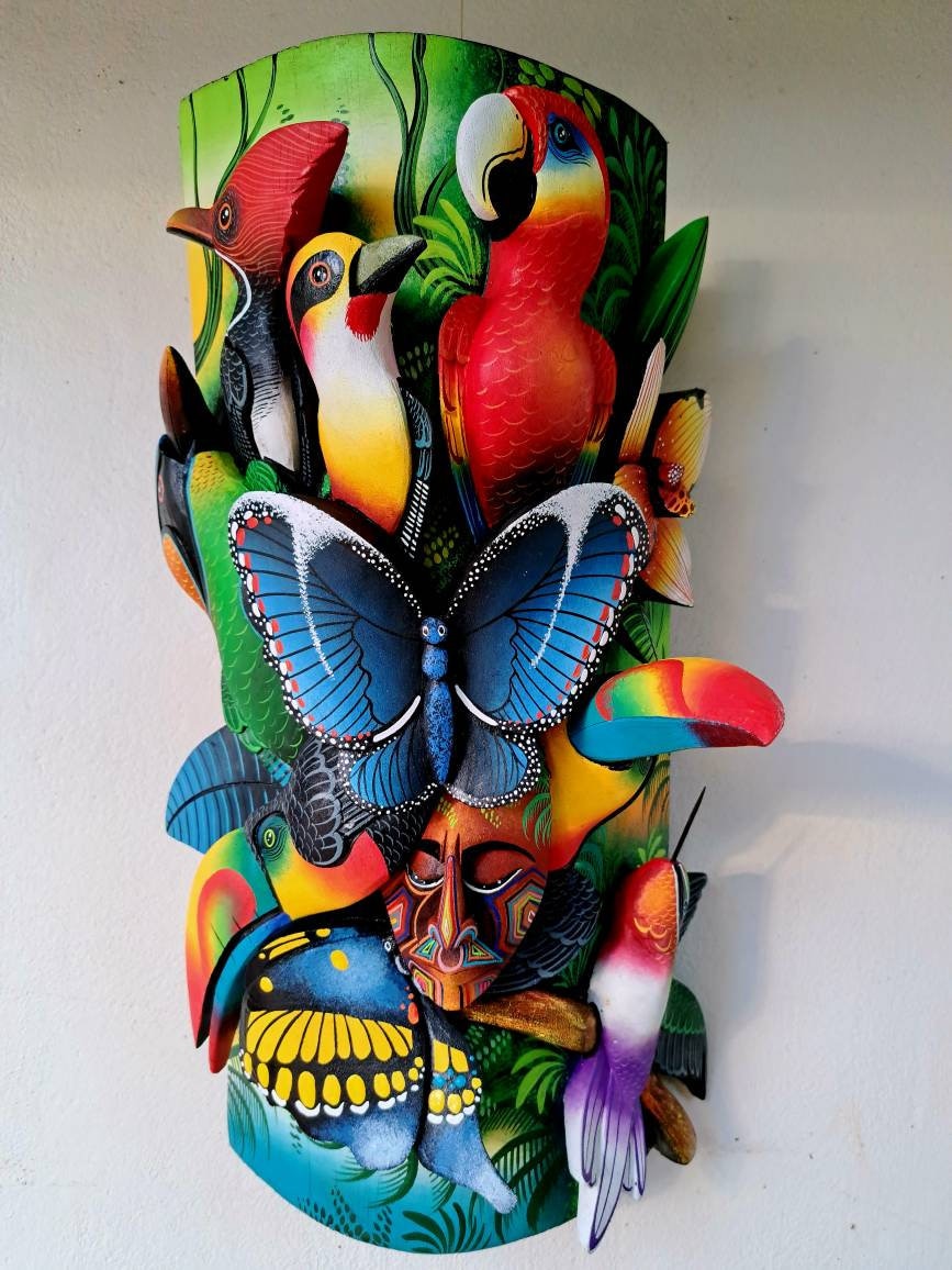 Owl & Jaguar, wildlife from jungle, red parrot, toucan, unique design, handmade, indigenous art from Costa Rica,