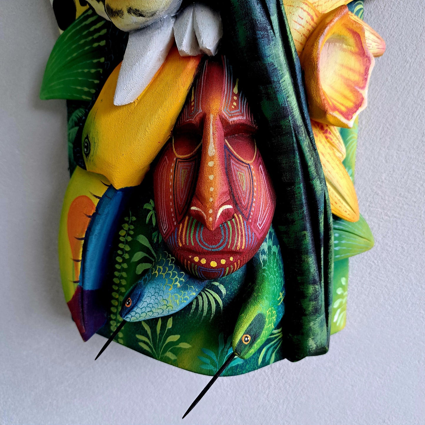 Authentic Boruca mask, birds, orchid, jaguar, wooden mask, tribal art Costa Rica, available mask