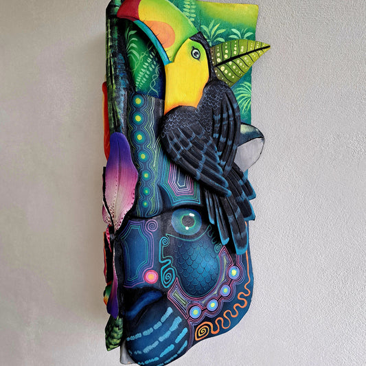 Authentic Boruca mask, birds, orchid, jaguar, wooden mask, tribal art Costa Rica, available mask