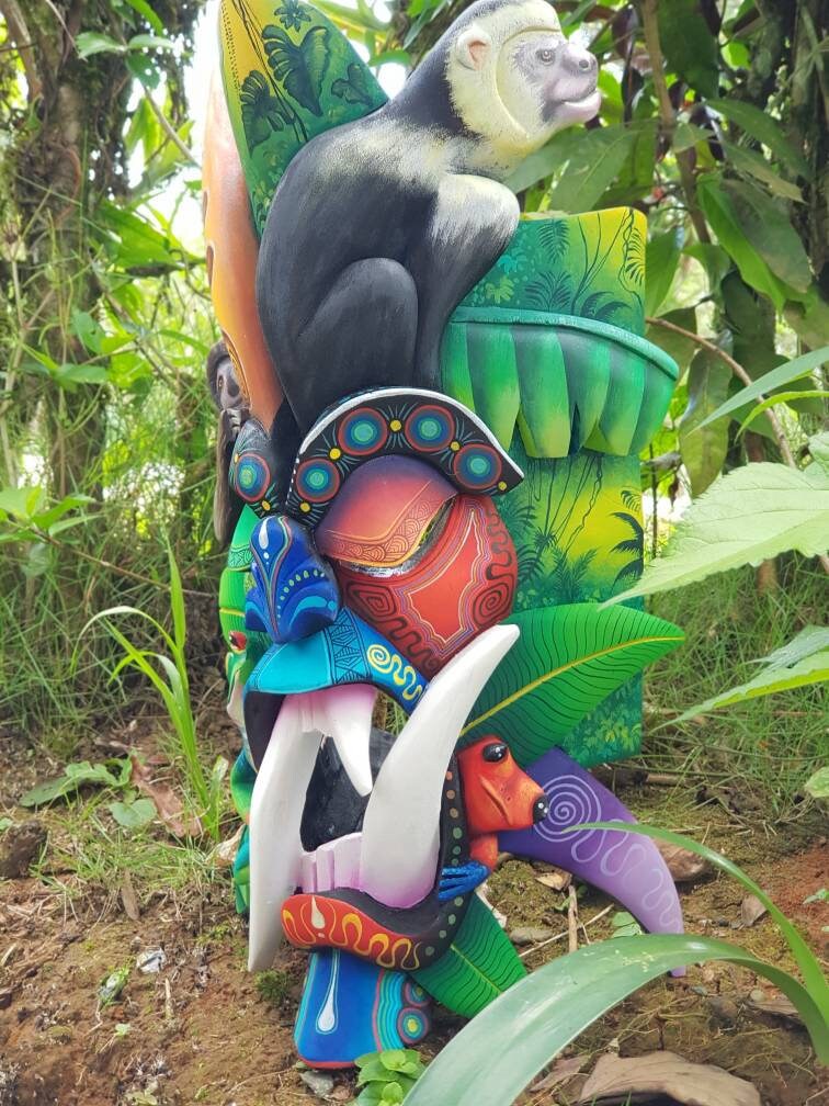 Warrior mask, frogs, white-faced monkey, sloth, authentic Boruca mask, wooden mask, tribal art from Costa Rica, available mask