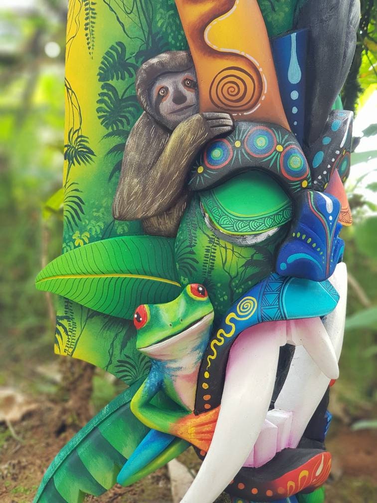 Warrior mask, frogs, white-faced monkey, sloth, authentic Boruca mask, wooden mask, tribal art from Costa Rica, available mask