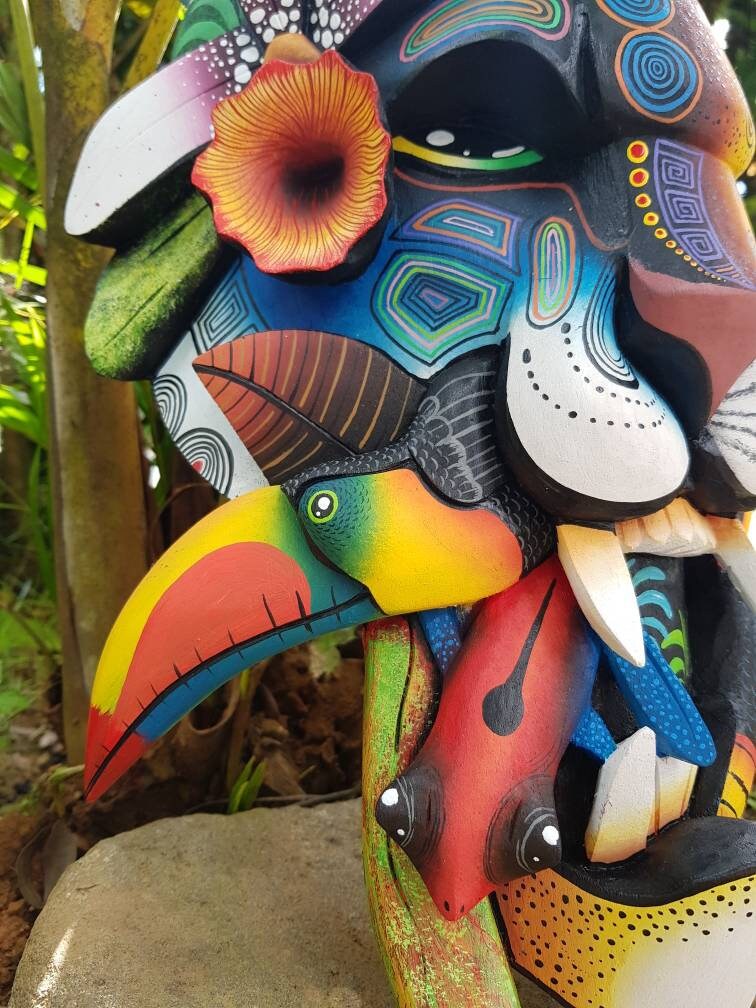 Jaguar and Warrior mask, frog, toucans, Costa Ricans birds, authentic Boruca mask, wooden mask, tribal art from Costa Rica, available mask