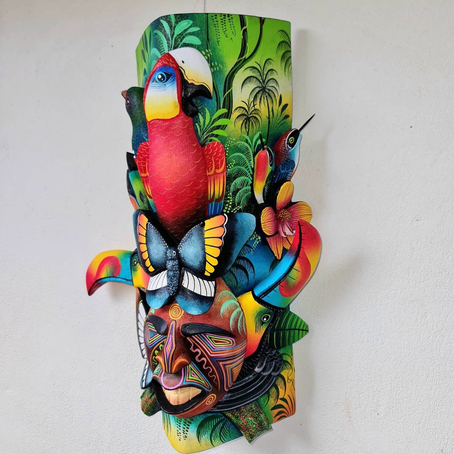 Jungle and life #2, unique artwork, red parrot, butterfly, hummingbirds, wood carved and painted, indigenous art from Costa Rica,