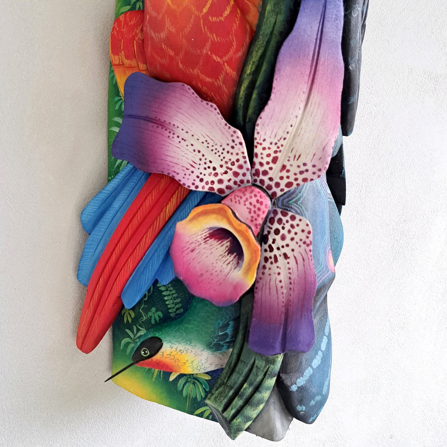 Authentic Boruca mask, birds, orchid, jaguar, wooden mask, tribal art Costa Rica, available mask
