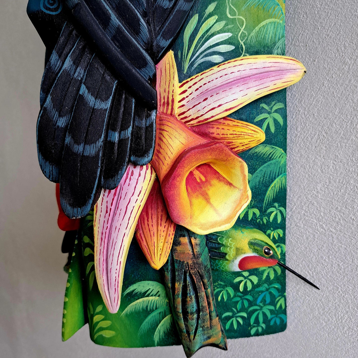 Authentic Boruca mask, birds, orchid, jaguar, wooden mask, tribal art Costa Rica, available mask