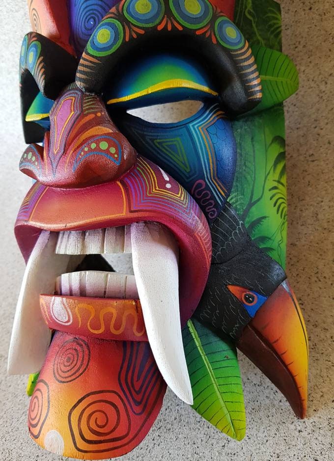 Ecological warrior mask, toucan, aracari, authentic Boruca mask, wooden mask, tribal art from Costa Rica, available mask