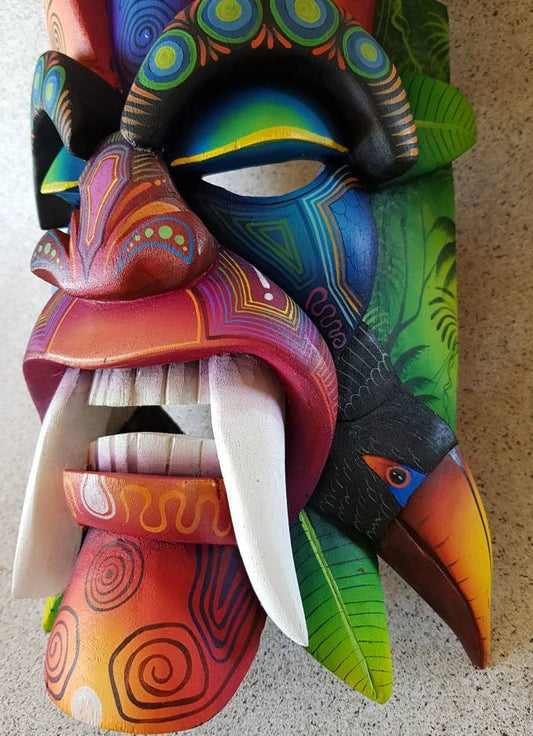 Ecological warrior mask, toucan, aracari, authentic Boruca mask, wooden mask, tribal art from Costa Rica, available mask