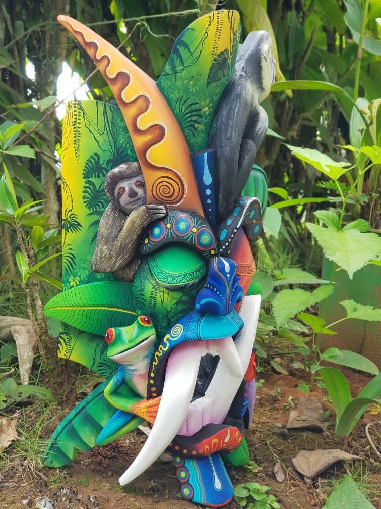Warrior mask, frogs, white-faced monkey, sloth, authentic Boruca mask, wooden mask, tribal art from Costa Rica, available mask