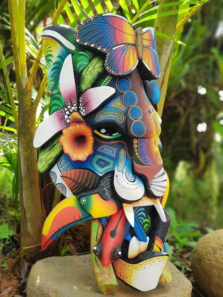 Jaguar and Warrior mask, frog, toucans, Costa Ricans birds, authentic Boruca mask, wooden mask, tribal art from Costa Rica, available mask
