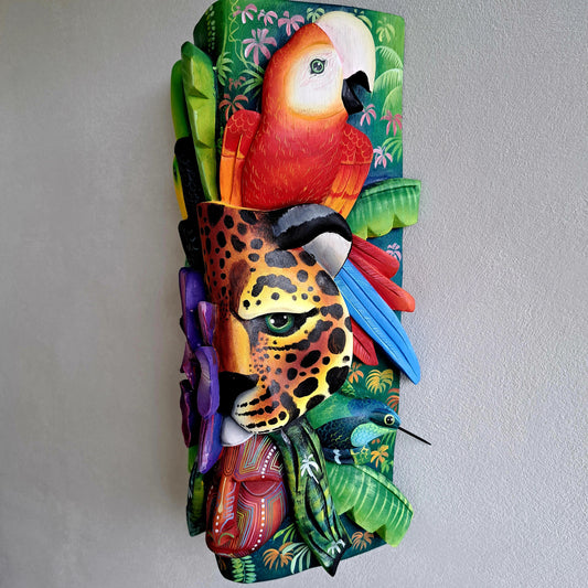 Authentic Boruca mask, birds, orchid, jaguar, wooden mask, tribal art Costa Rica, available mask