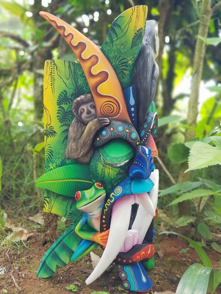 Warrior mask, frogs, white-faced monkey, sloth, authentic Boruca mask, wooden mask, tribal art from Costa Rica, available mask