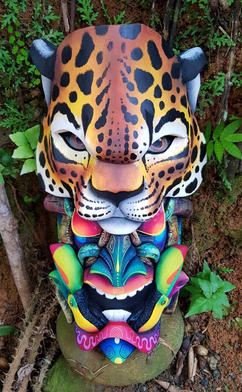 The Jaguar and the warrior, toucans, hummingbirds, Boruca mask, new design, jaguar mask, Available mask