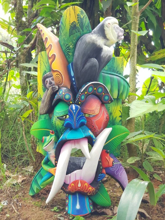 Warrior mask, frogs, white-faced monkey, sloth, authentic Boruca mask, wooden mask, tribal art from Costa Rica, available mask