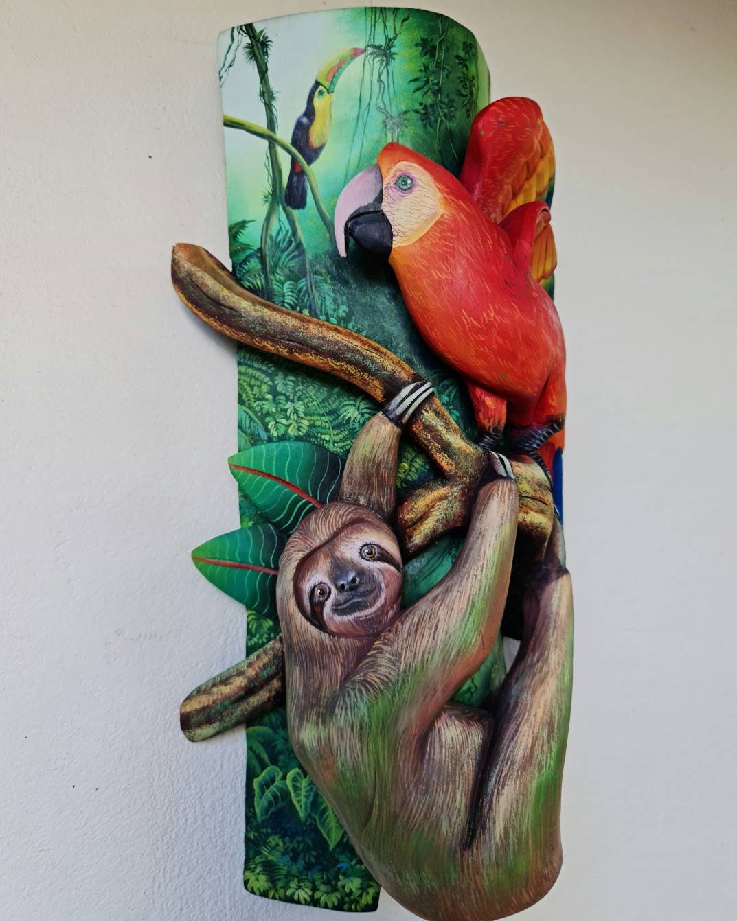 Boruca mask, Sloth and Parrot, toucan, forest from Costa Rica, handmade work by Víctor Hernández