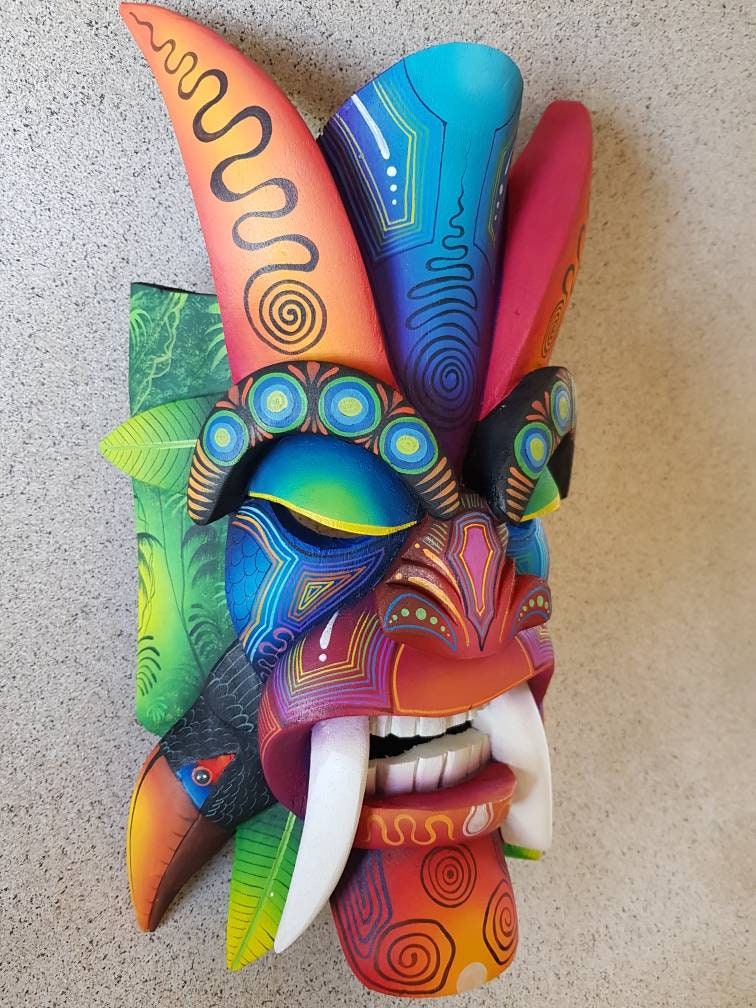 Ecological warrior mask, toucan, aracari, authentic Boruca mask, wooden mask, tribal art from Costa Rica, available mask