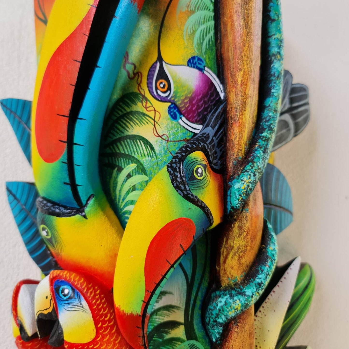Jungle and life, unique design, red parrots, orchids, butterfly, hummingbirds, wood carved and painted, indigenous art from Costa Rica,