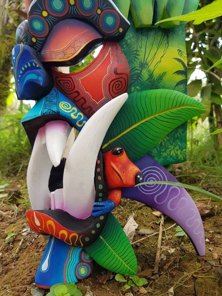 Warrior mask, frogs, white-faced monkey, sloth, authentic Boruca mask, wooden mask, tribal art from Costa Rica, available mask