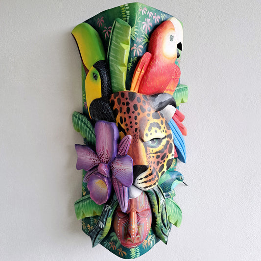 Authentic Boruca mask, birds, orchid, jaguar, wooden mask, tribal art Costa Rica, available mask