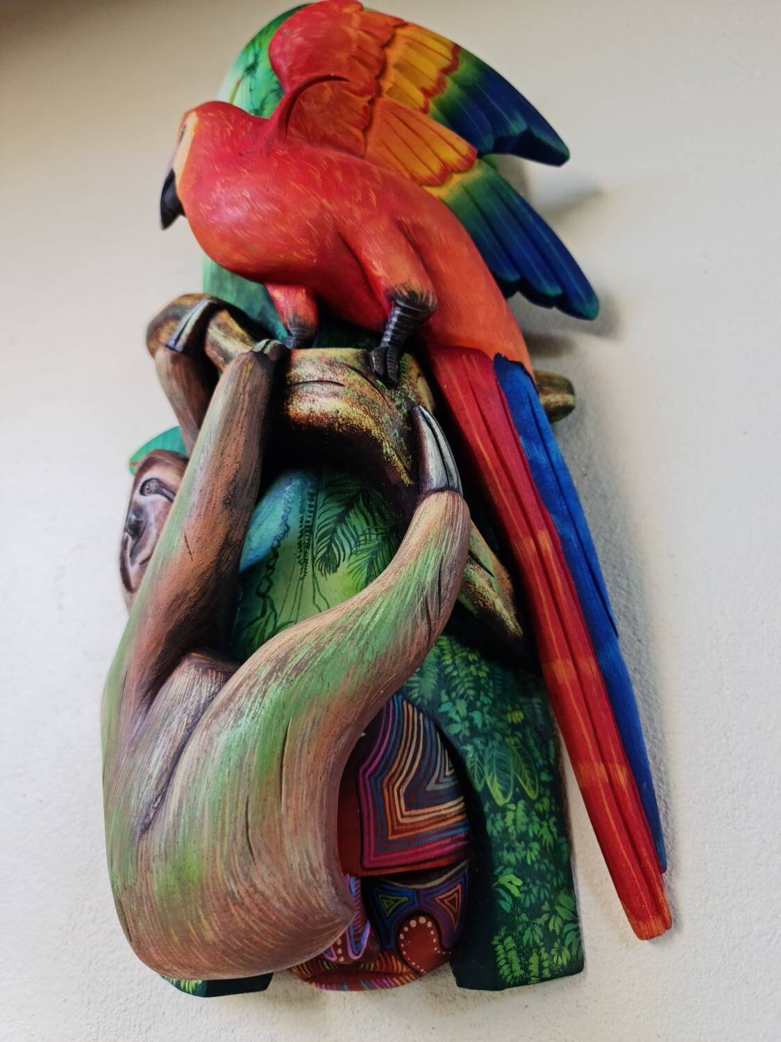 Boruca mask, Sloth and Parrot, toucan, forest from Costa Rica, handmade work by Víctor Hernández