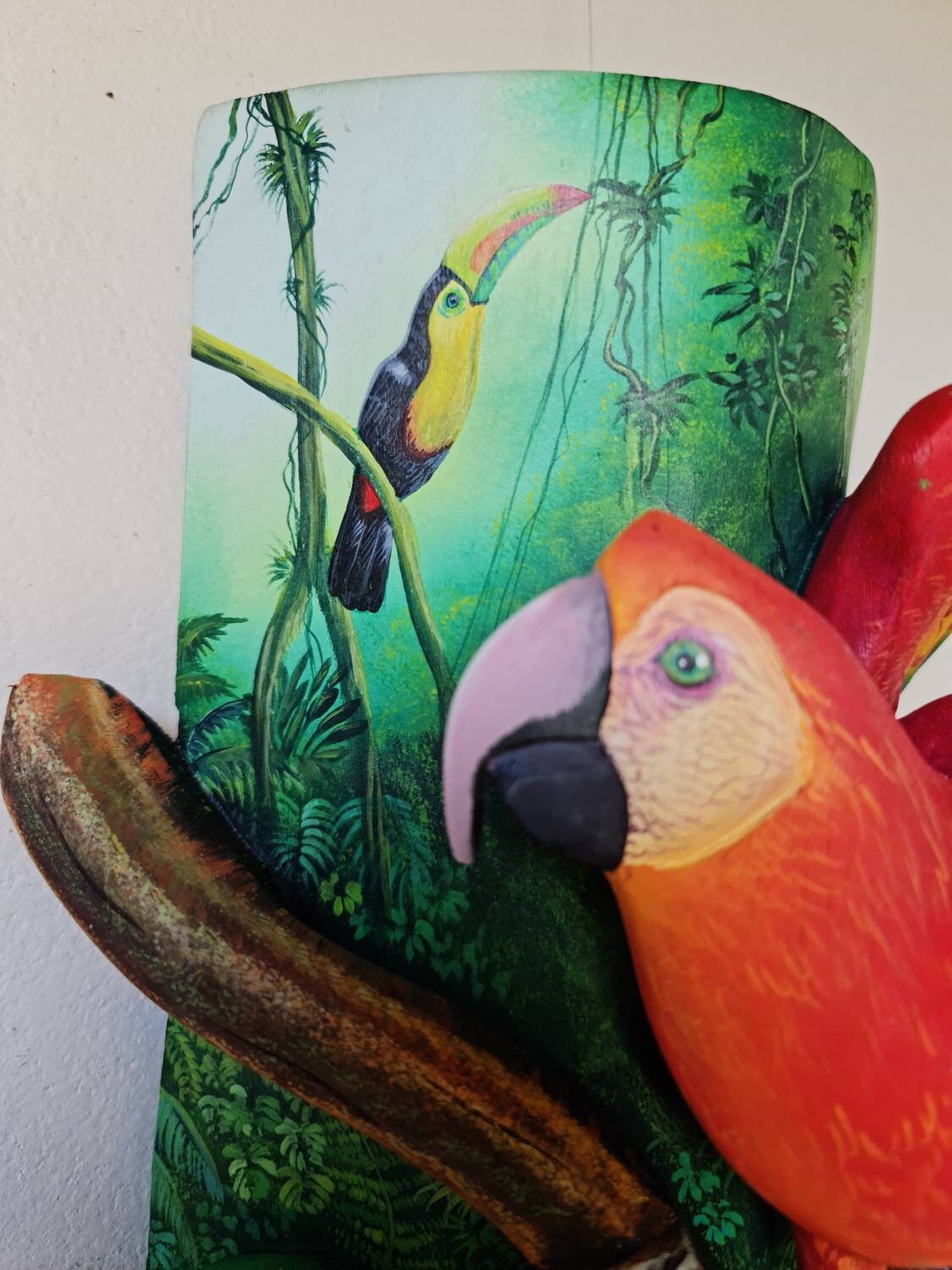 Boruca mask, Sloth and Parrot, toucan, forest from Costa Rica, handmade work by Víctor Hernández