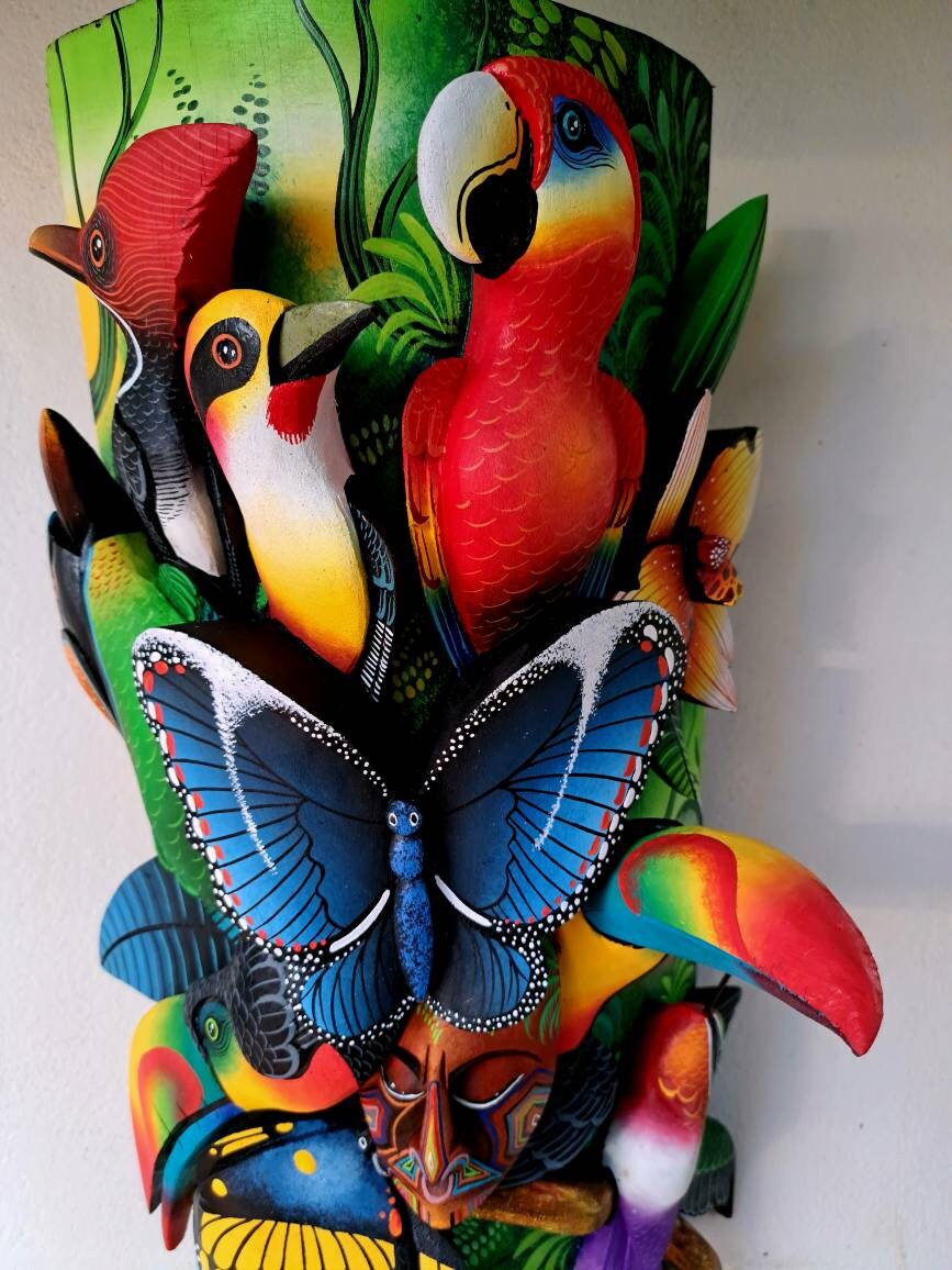 Owl & Jaguar, wildlife from jungle, red parrot, toucan, unique design, handmade, indigenous art from Costa Rica,