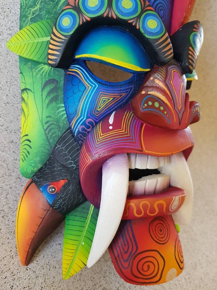 Ecological warrior mask, toucan, aracari, authentic Boruca mask, wooden mask, tribal art from Costa Rica, available mask